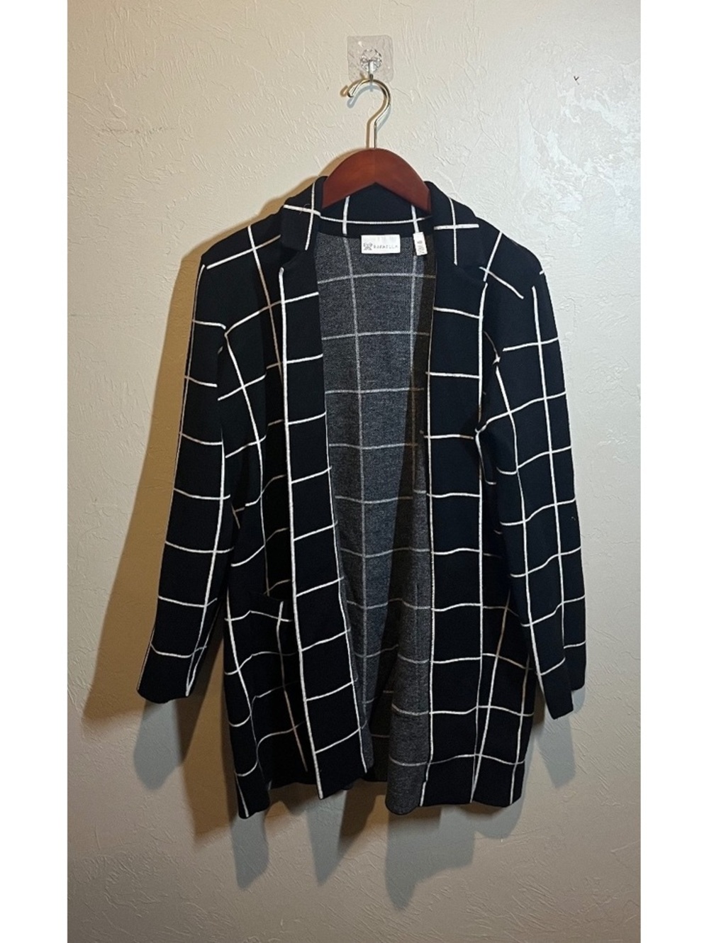 Rafaella Black and White Grid Pattern Open Front Cardigan Sweater Large
